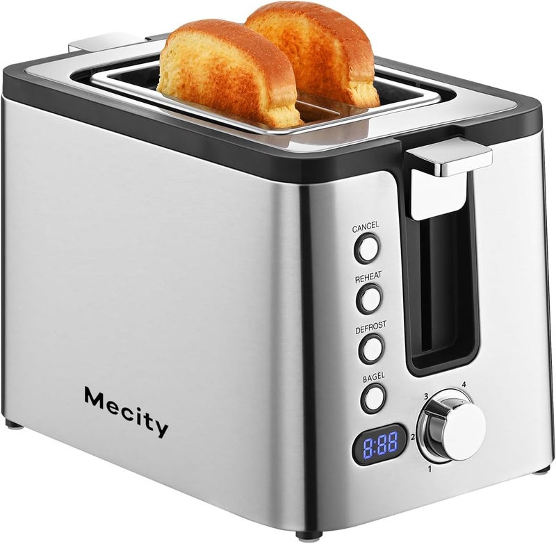 Mecity Toaster 2 Slice Stainless Steel Body, Timer, Bagel, Defrost, Reheat, Cancel Functions, Warming Rack, Removable Tray, 6 Browning Settings, Extra Wide Slots, Bread Toaster 800W - Image 1